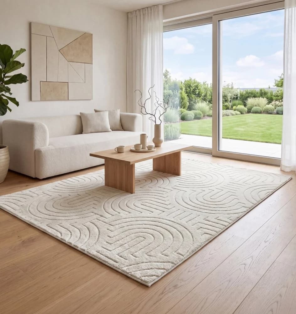Moderní krémový koberec DFH57-2 s plastickým geometrickým vzorem