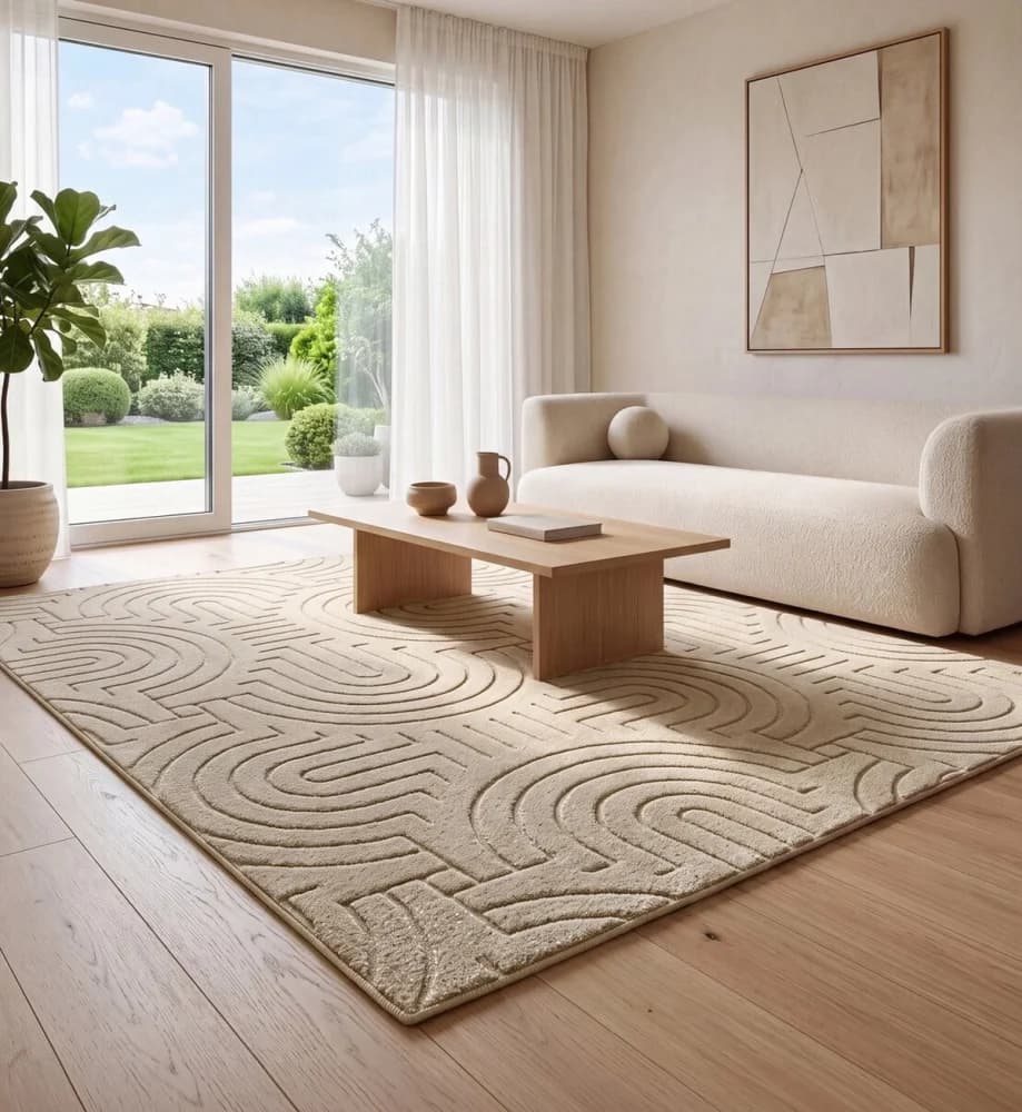 Moderní béžový koberec DFH57-2 s reliéfním geometrickým vzorem