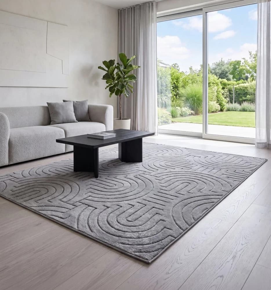 Moderní šedý koberec DFH57-2 s reliéfním geometrickým vzorem
