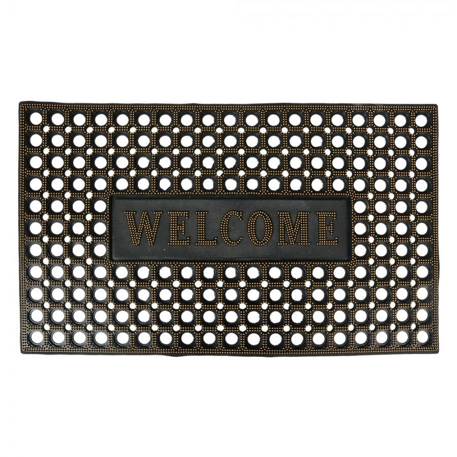 Černo-zlatá pryžová rohožka Welcome