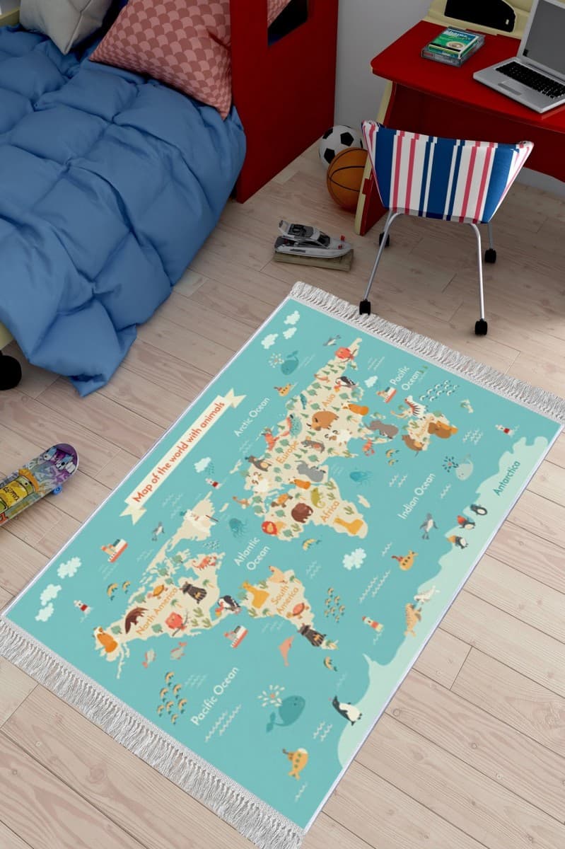 Dětský koberec Mapa zvířecího světa modrý 2
