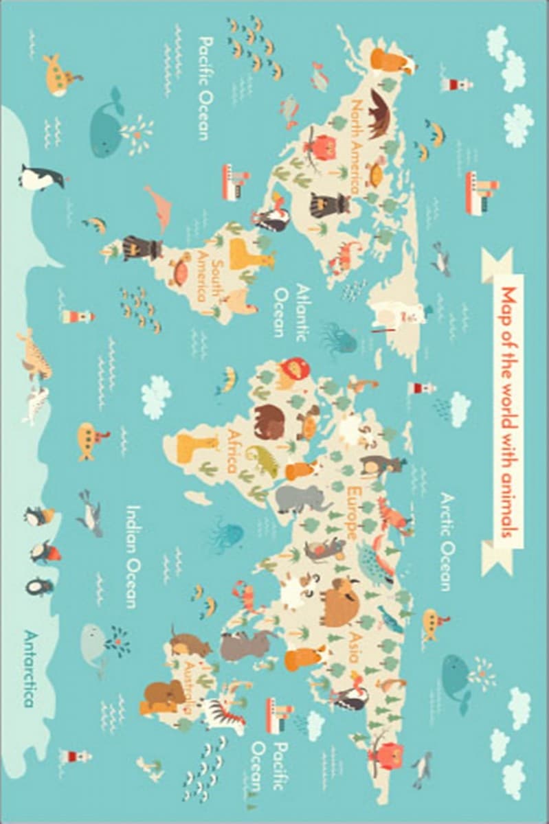 Dětský koberec Mapa zvířecího světa modrý