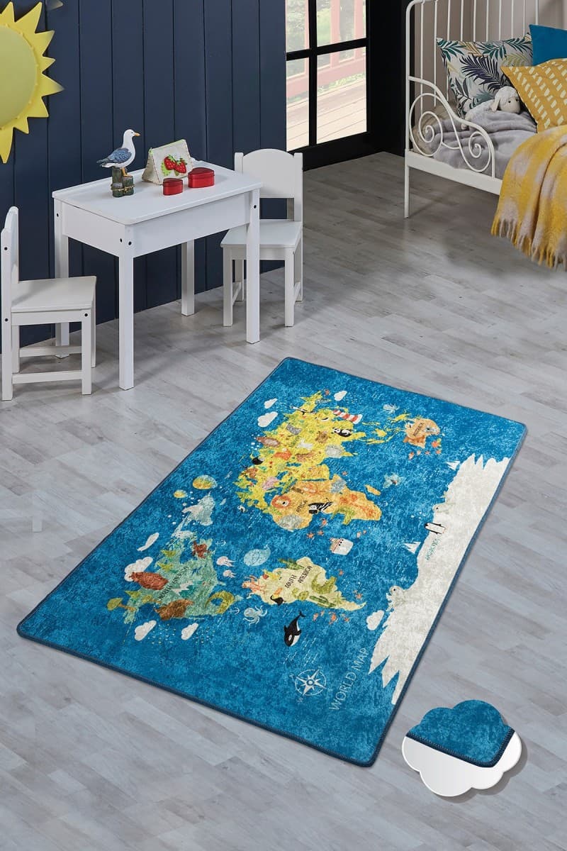 Dětský koberec World Map modrý 2