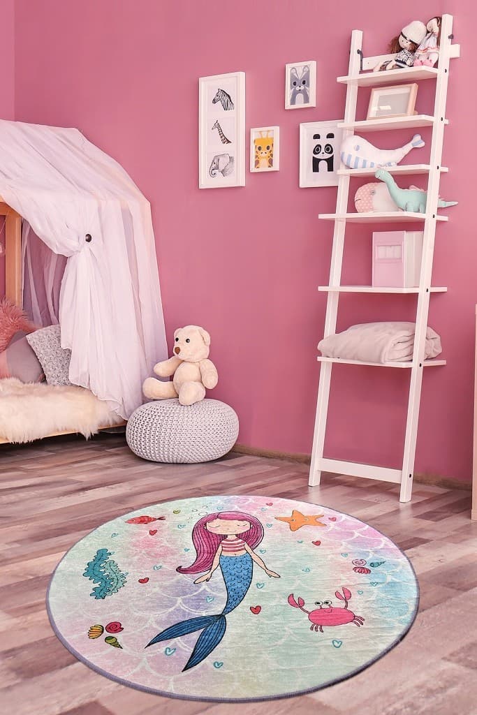 Dětský kulatý koberec Mermaid růžový/modrý 2